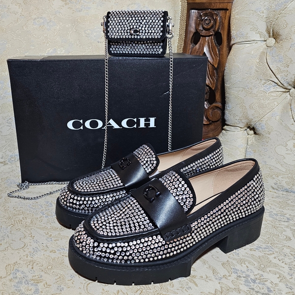 Coach Black and Silver Crystal Embellished Loafers - Picture 1 of 3